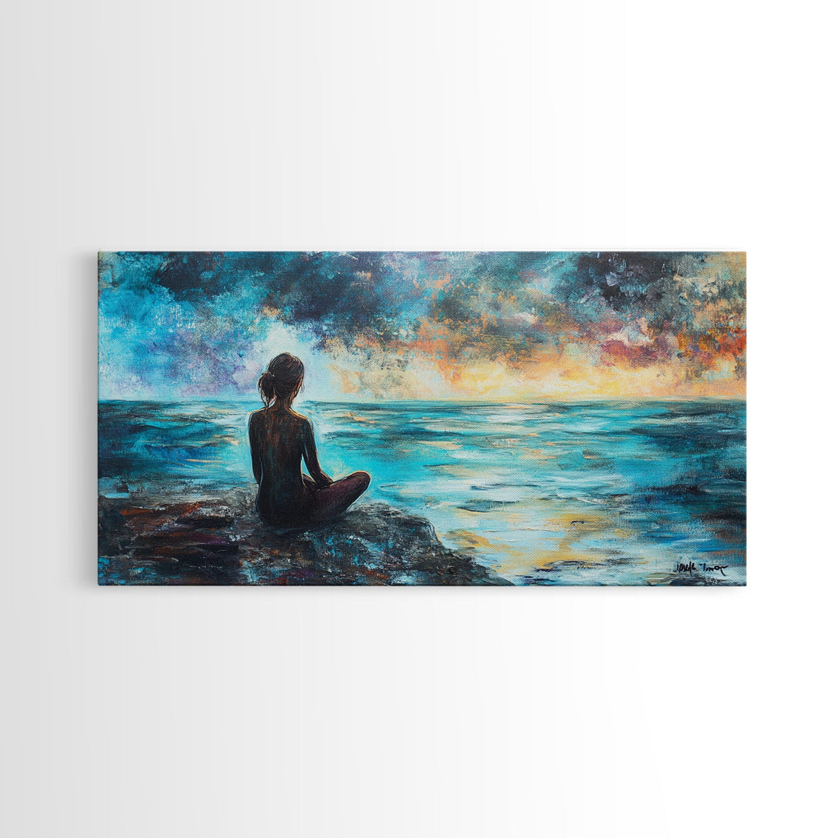Woman Meditating Coastal Sunset Framed Canvas Print Yoga Art Nautical Wall Art Bedroom Decor Perfect Gift Idea Coastal Cowgirl Artwork