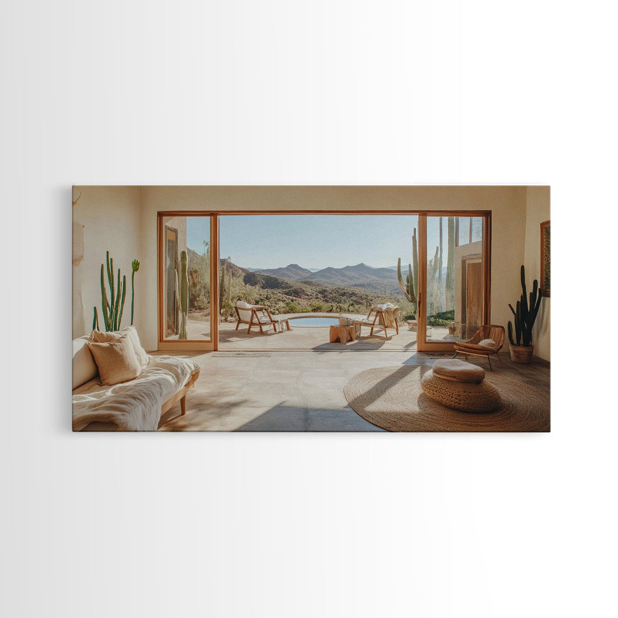 Framed Canvas Print of Desert Retreat with Cactus and Mountain View, Southwest Wall Art, Living Room Boho Decor