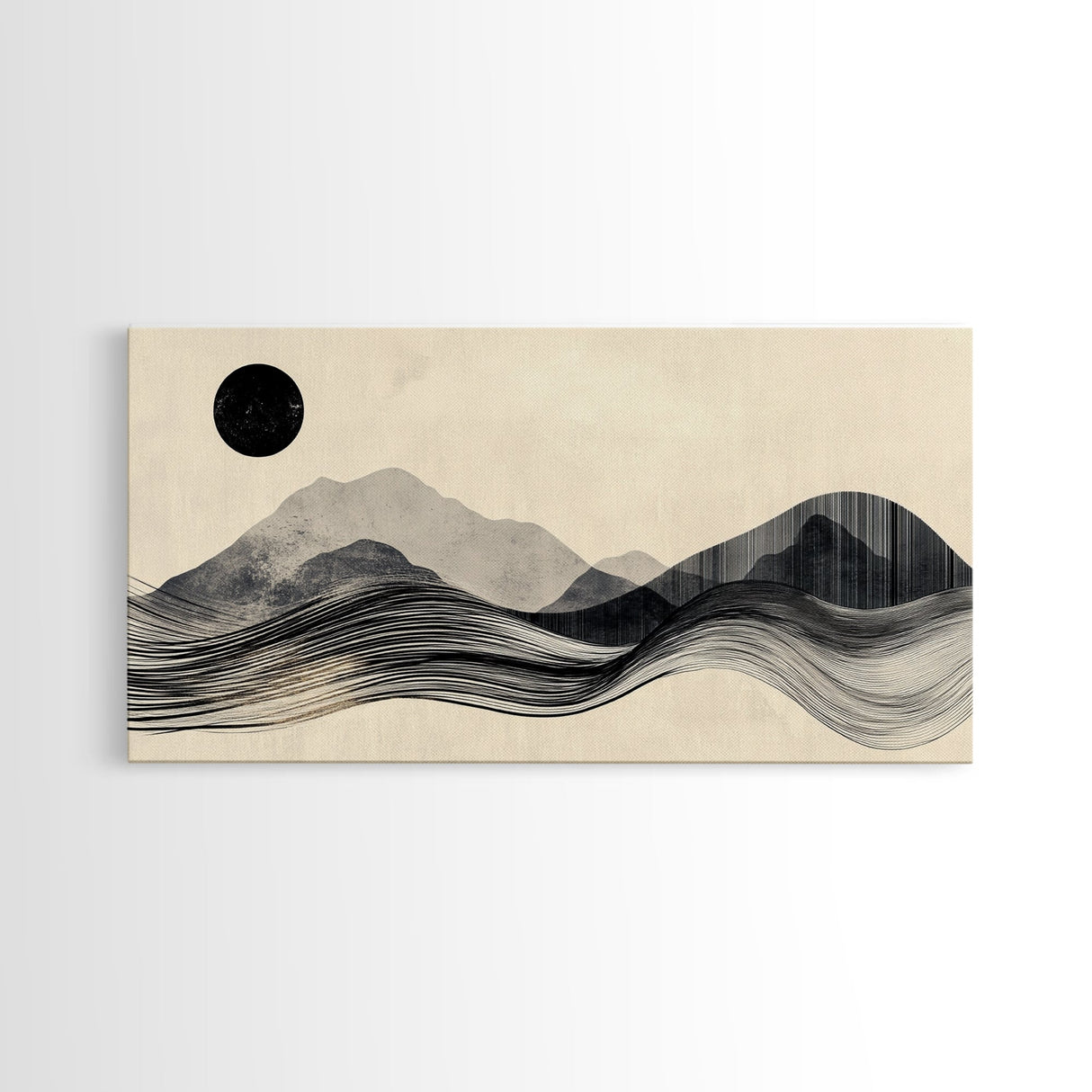 Abstract Mountain Landscape Framed Canvas Print, Wabi Sabi Wall Art Minimalist Decor, Rustic Line Art Idea Bedroom Artwork Vertical Design