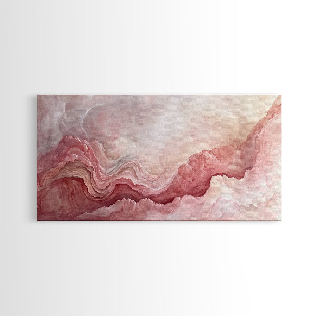 Pink Geode Framed Canvas Print, Light Pink Wall Art Above Bed Decor, Moody Abstract Artwork Gift Idea Minimalist Panoramic Painting