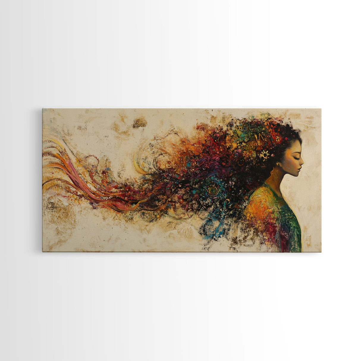 Vibrant Female Silhouette Framed Canvas Print, Whimsical Art, Afrocentric Wall Art, Angel Art Prints, Bedroom Art, Chinoiserie Wall Art