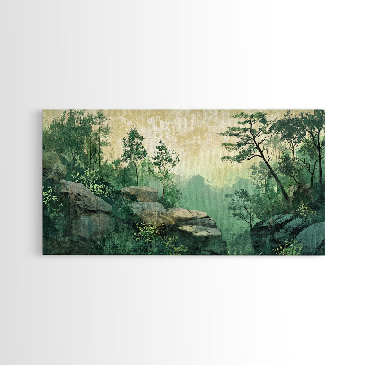 Green Forest Serenity Framed Canvas Print with Mountain Landscape Art and Sage Green Wall Art Perfect Living Room Rustic Decor