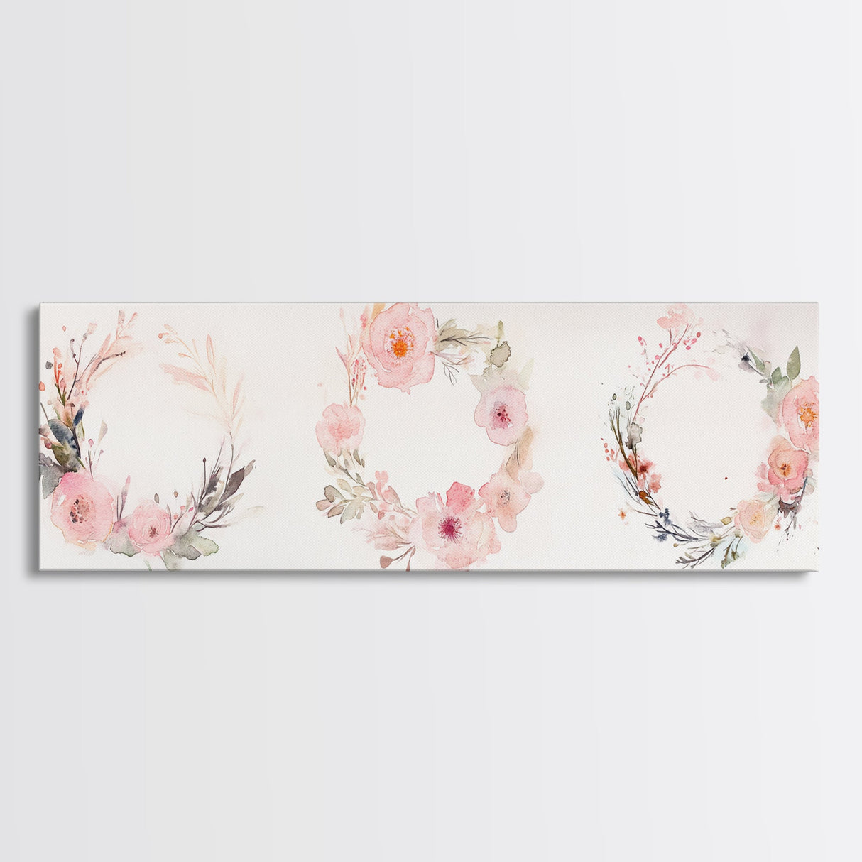 Wildflower Wreath Painting Framed Canvas Print in Pastel Pink and Green, Vertical Rustic Farmhouse Artwork, Botanical Gift Idea