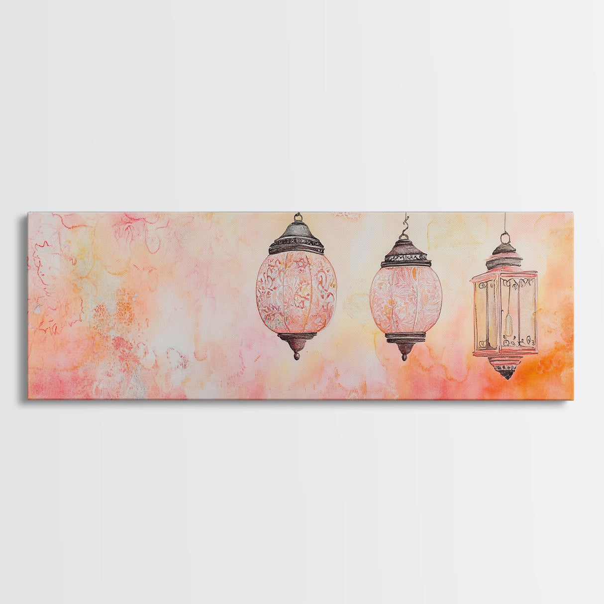 Moroccan Lanterns Canvas Print Pink Orange Wall Art Boho Decor Rustic Living Room Artwork Horizontal Farmhouse Style Gift Idea