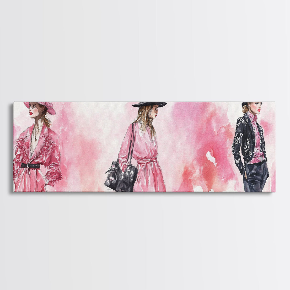 Fashion Illustration Wall Art, Framed Canvas Print, Light Pink and Black Modern Style, Above Sofa Artwork, Whimsical Statement Piece