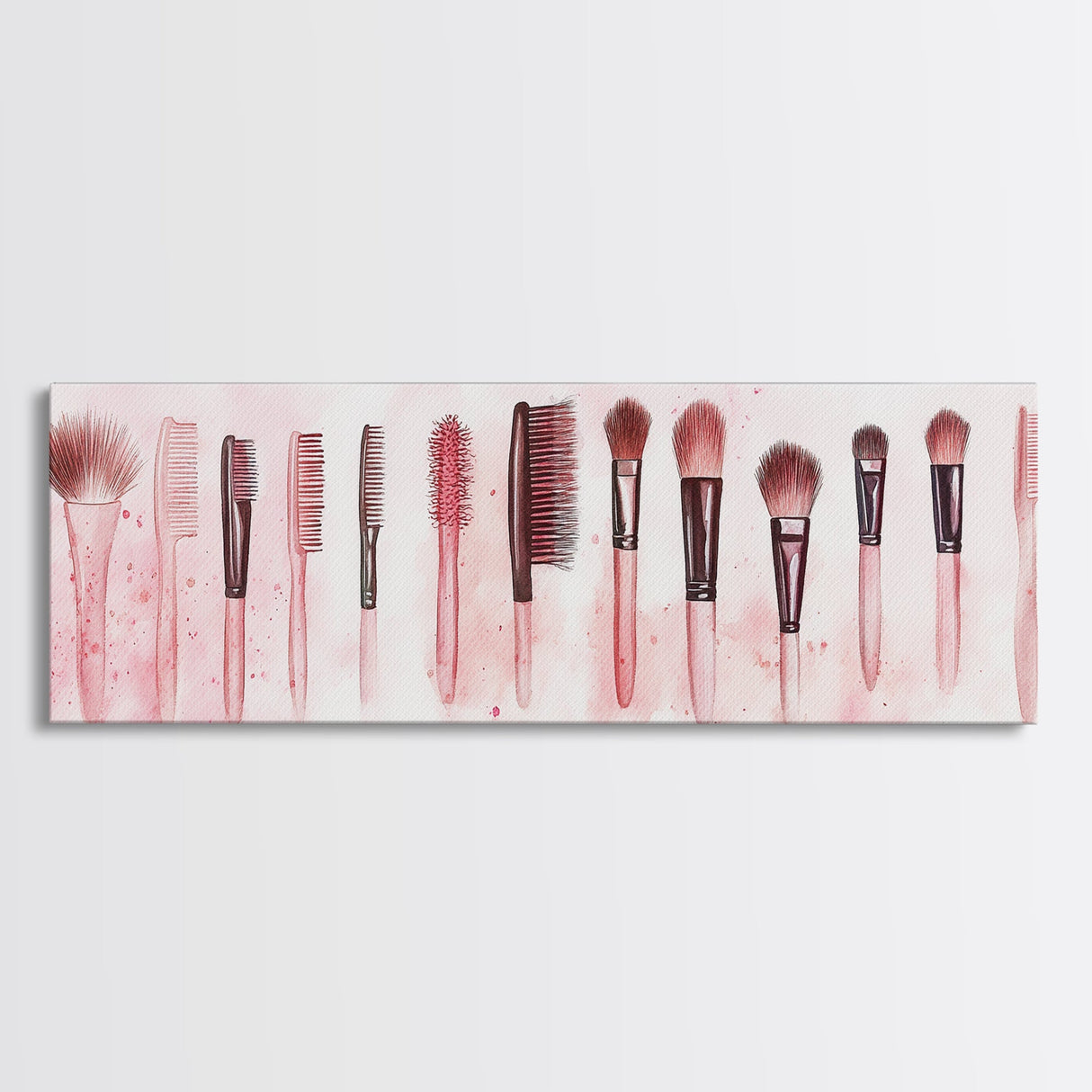 Framed Canvas Print of Makeup Brushes and Combs in Pink Ideal Gift Idea with Whimsical Art for Vanity or Beauty Room Wall Decor