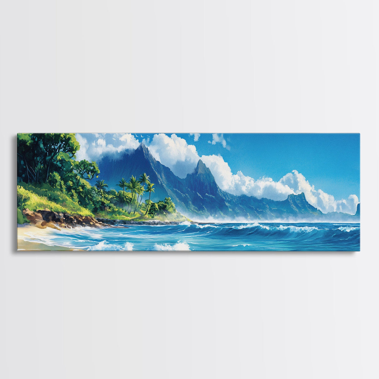Tropical Paradise Beach Framed Canvas Print - Panoramic Hawaii Coastal Painting, Nautical Wall Art, Ocean View Living Room Wall Decor