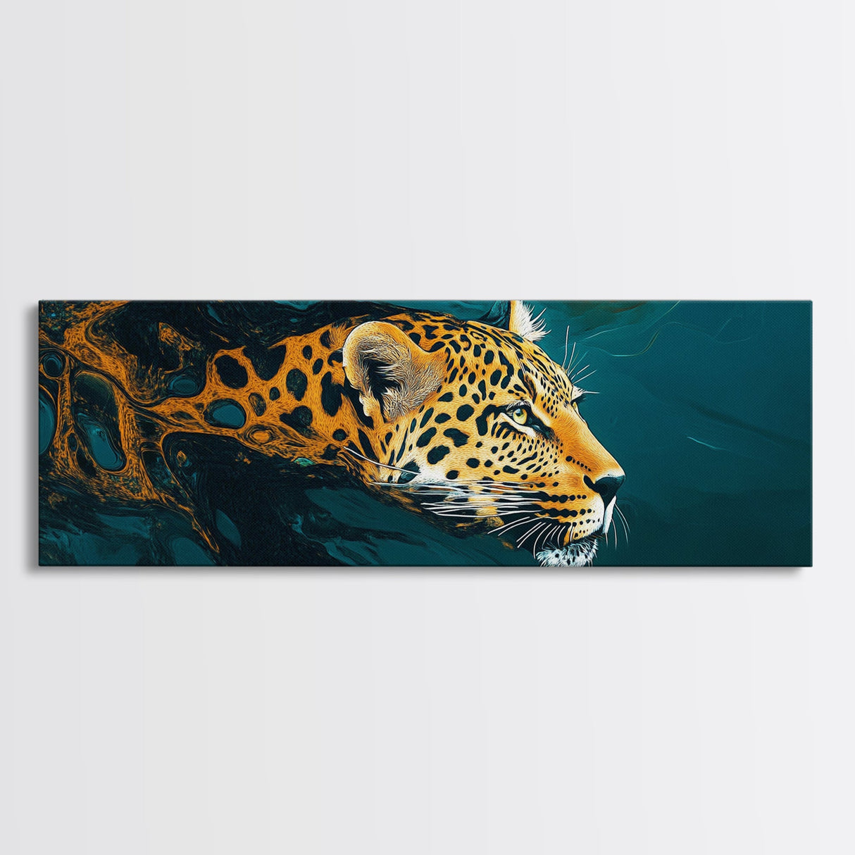 Leopard In Motion Framed Canvas Print - Abstract Jungle Painting, Teal And Orange Wildcat Art, Modern Safari Wall Decor, Bedroom Accent