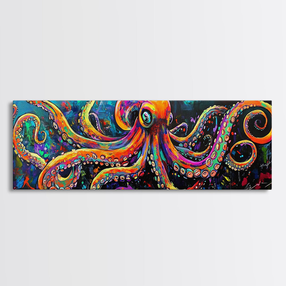 Octopus Art Canvas Print with Bright Neon Colors, Whimsical Art, Coastal Decor, Nautical Wall Art, Tall Skinny Art, Above Bed Wall Art