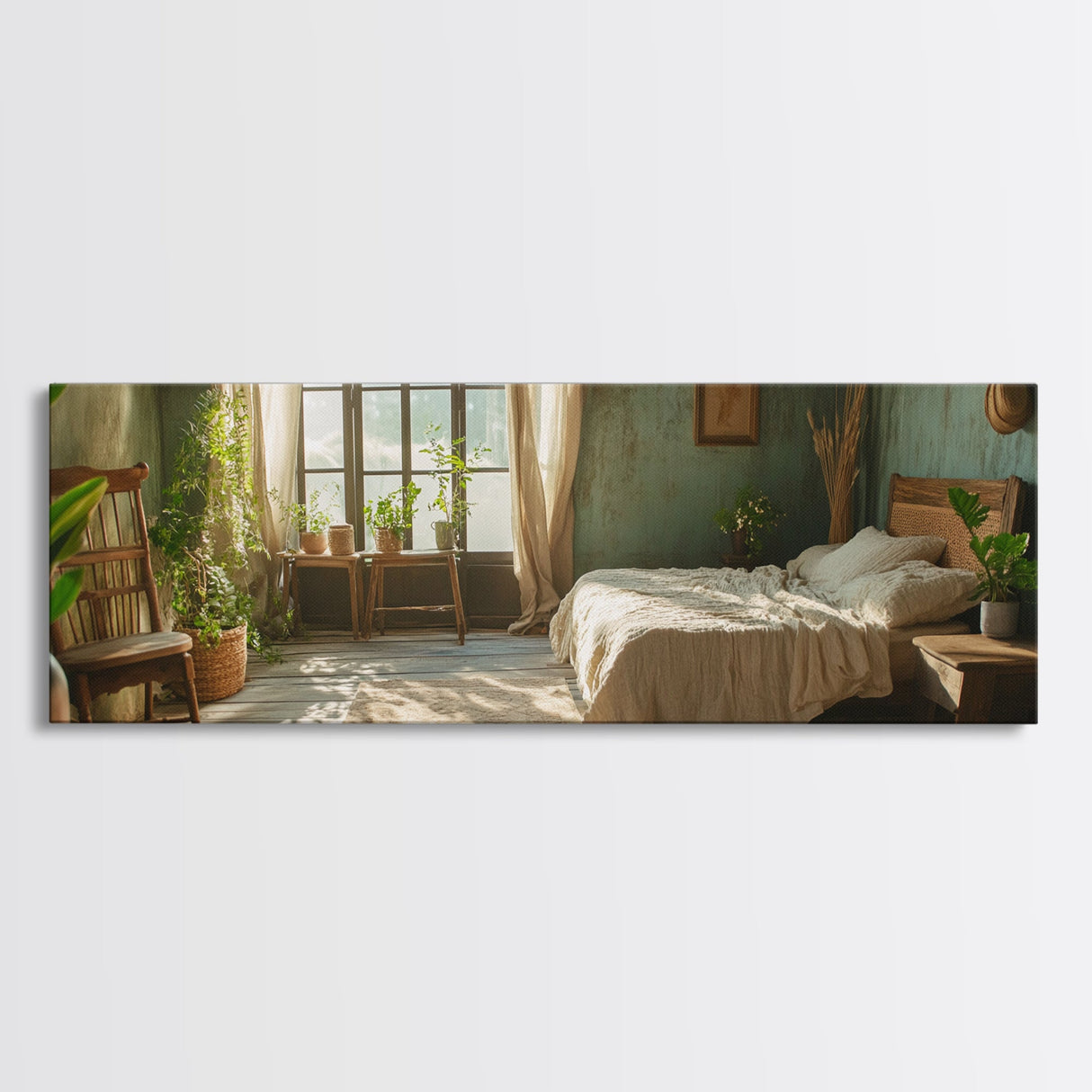 Minimalist Bedroom Serenity Framed Canvas Print, Wabi Sabi Botanical Art, Rustic Farmhouse Bedroom Decor, Light Filled Sage Green Artwork