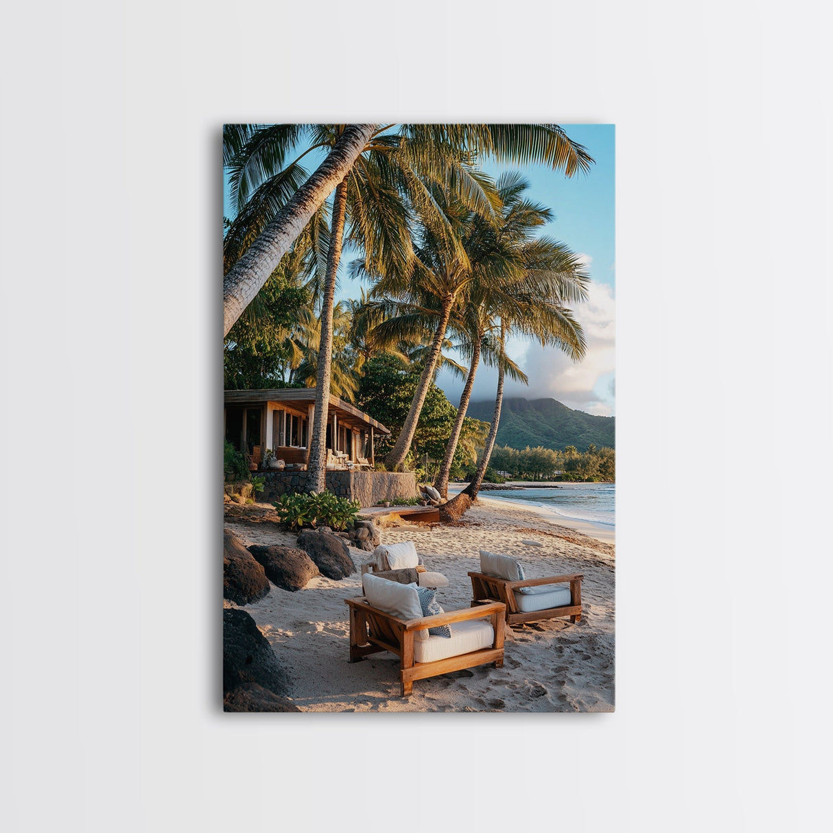 Vibrant Palm Tree Beach Framed Canvas Print – Coastal Decor Wall Art, Hawaiian Landscape Painting, Tropical Nautical Wall Art