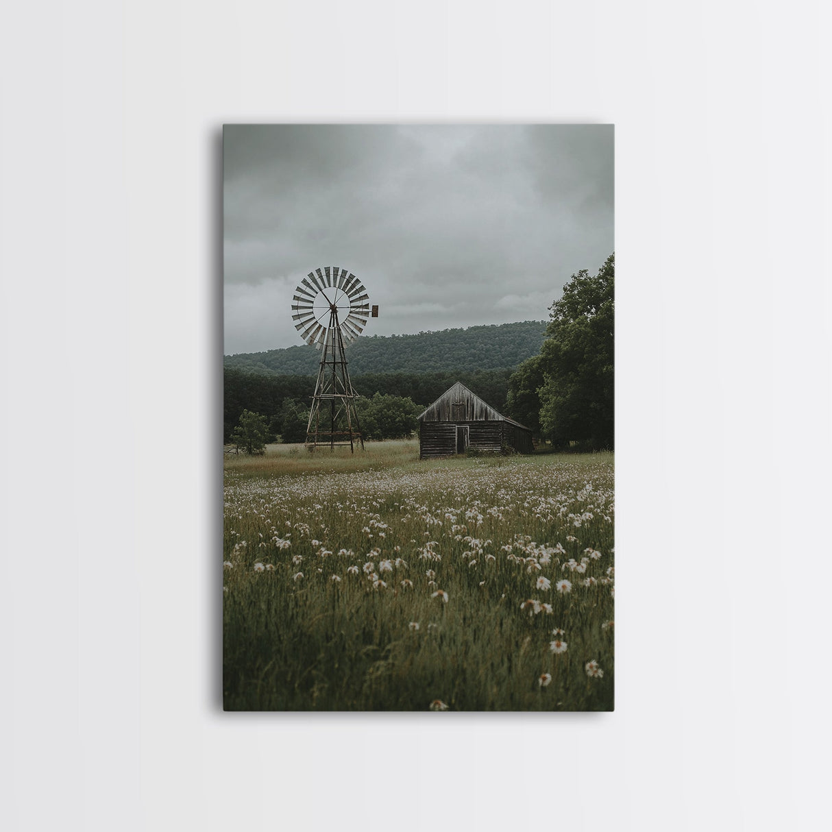 Framed Canvas Print Windmill Wall Art Rustic Barn Landscape Farmhouse Decor Above Couch Country Artwork Gift Idea Living Room Art