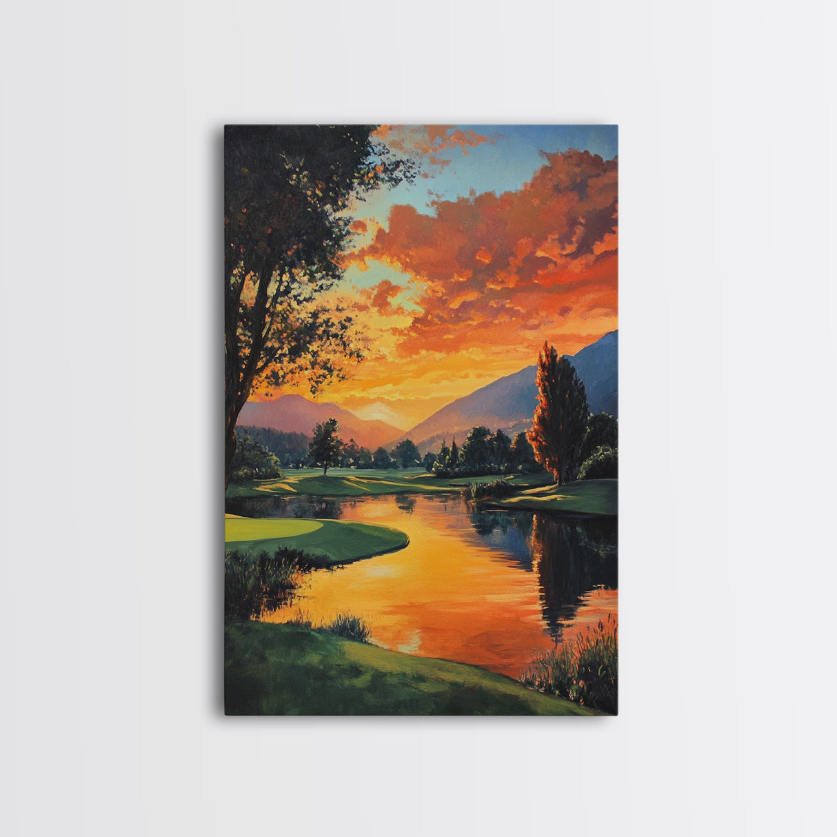 Golden Sunset Golf Framed Canvas Print, Landscape Wall Art, Rustic Horizontal Decor, Living Room Painting, Gift Idea for Him