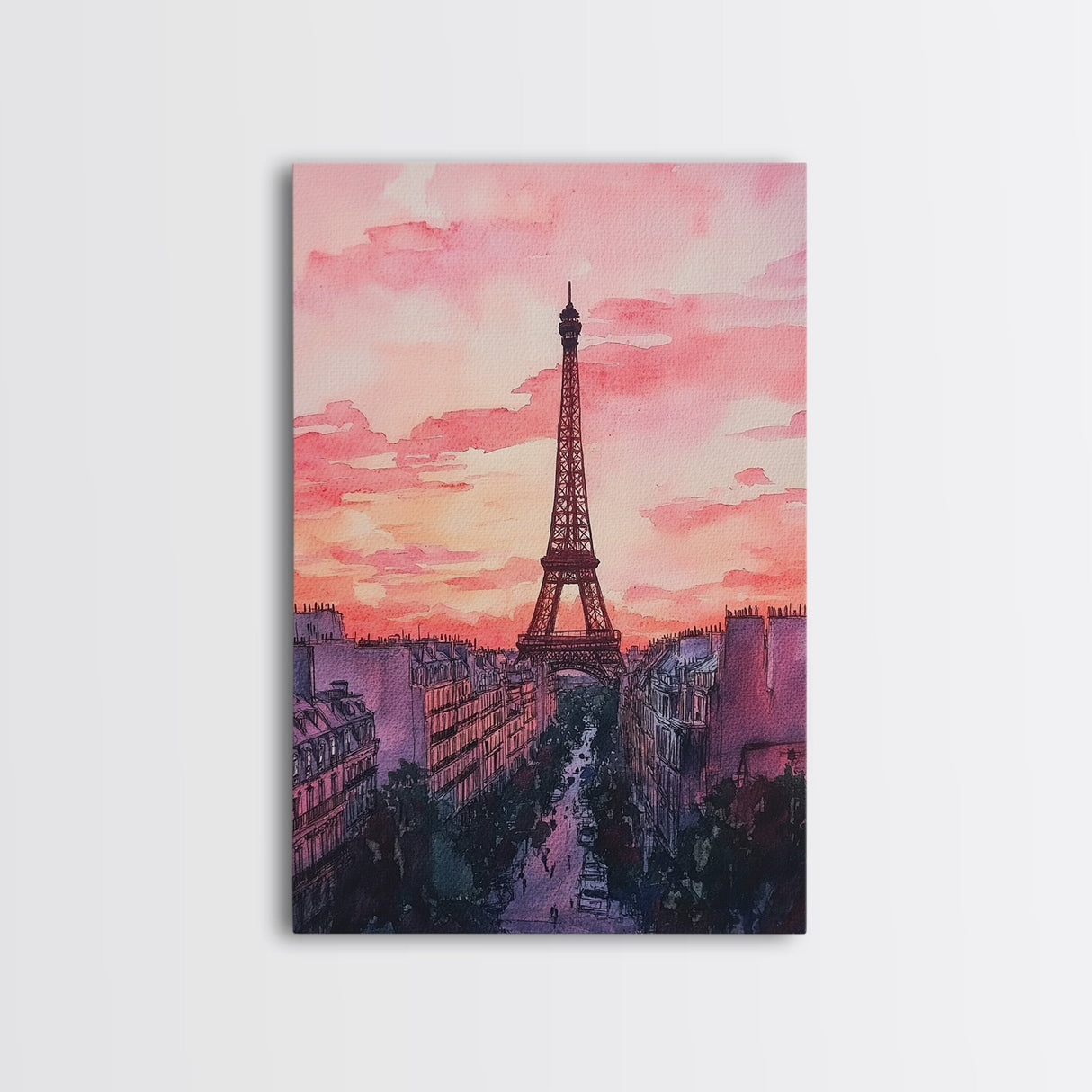 Eiffel Tower Sunset Framed Canvas Print Paris Landscape Painting French Cityscape Wall Art Bedroom Decor Romantic Gift Pink Orange Art