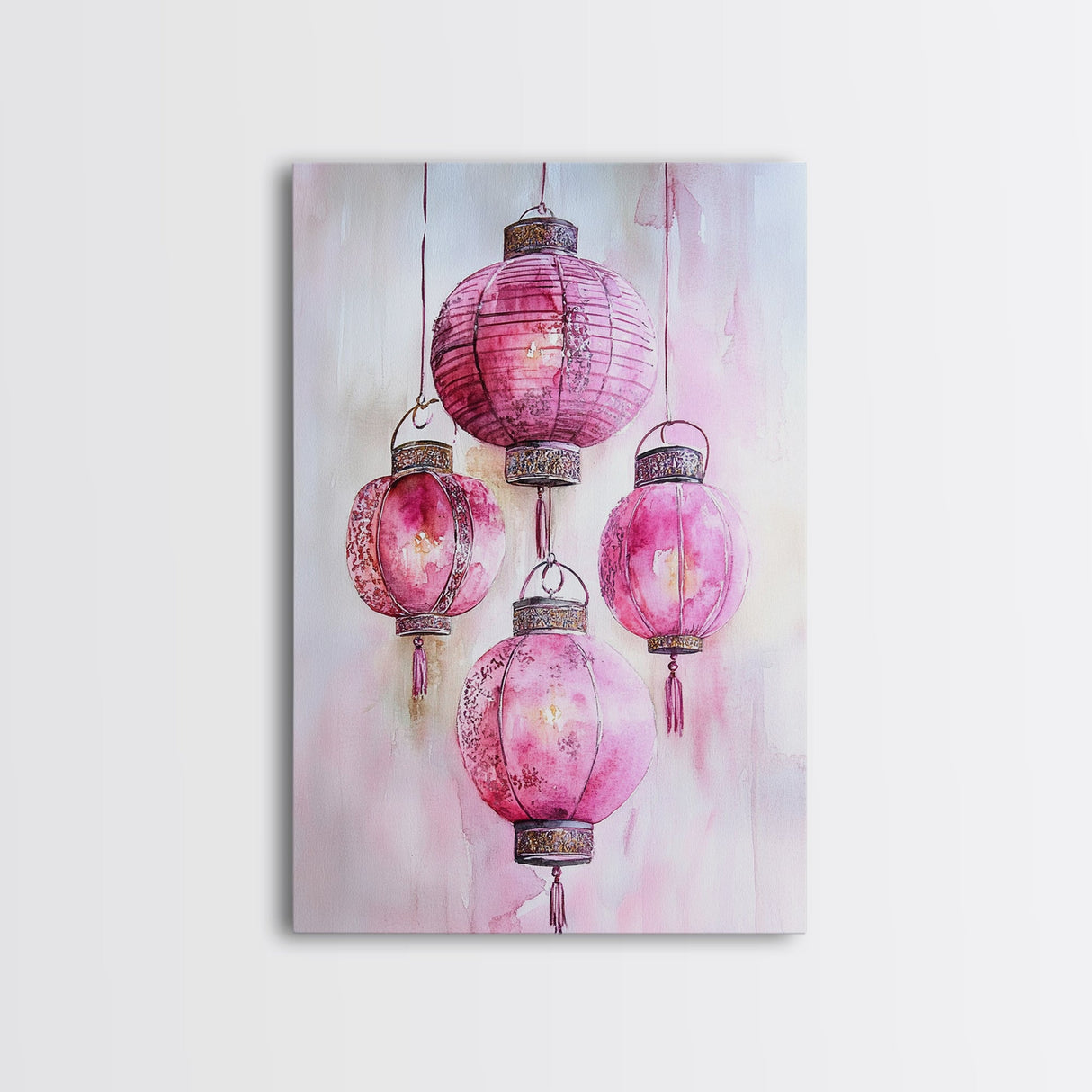 Pink Lanterns Framed Canvas Print, Chinoiserie Wall Art, Cozy Living Room Decor, Boho Aesthetic, Vertical Oriental Light Pink Wall Art