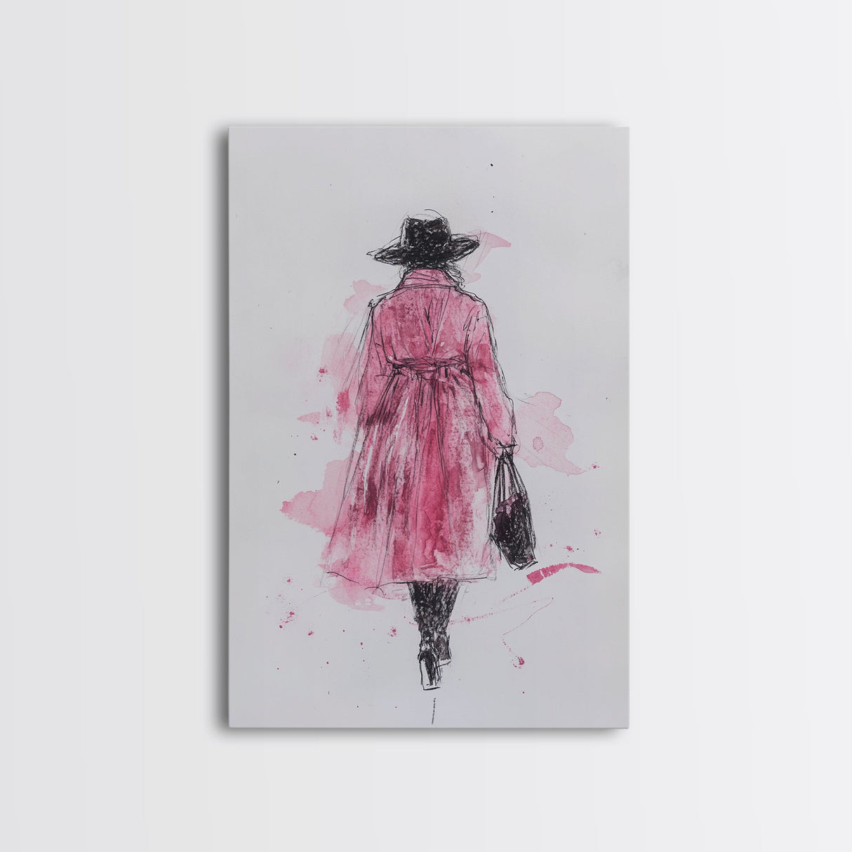 Woman in Coat Framed Canvas Print Light Pink Wall Art Moody Minimalist Fashion Illustration Rustic Aesthetic Unique Gift Idea