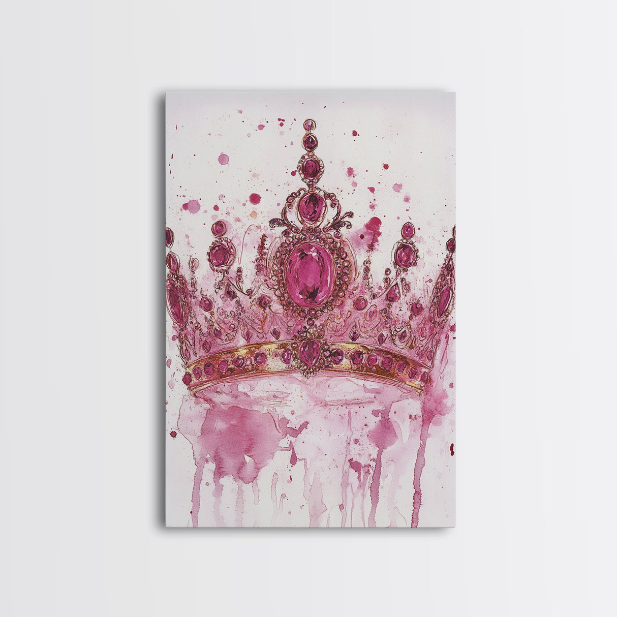 Regal jeweled crown painting featuring framed canvas print, moody art, pink wall art for dorm, unique goddess art print decor