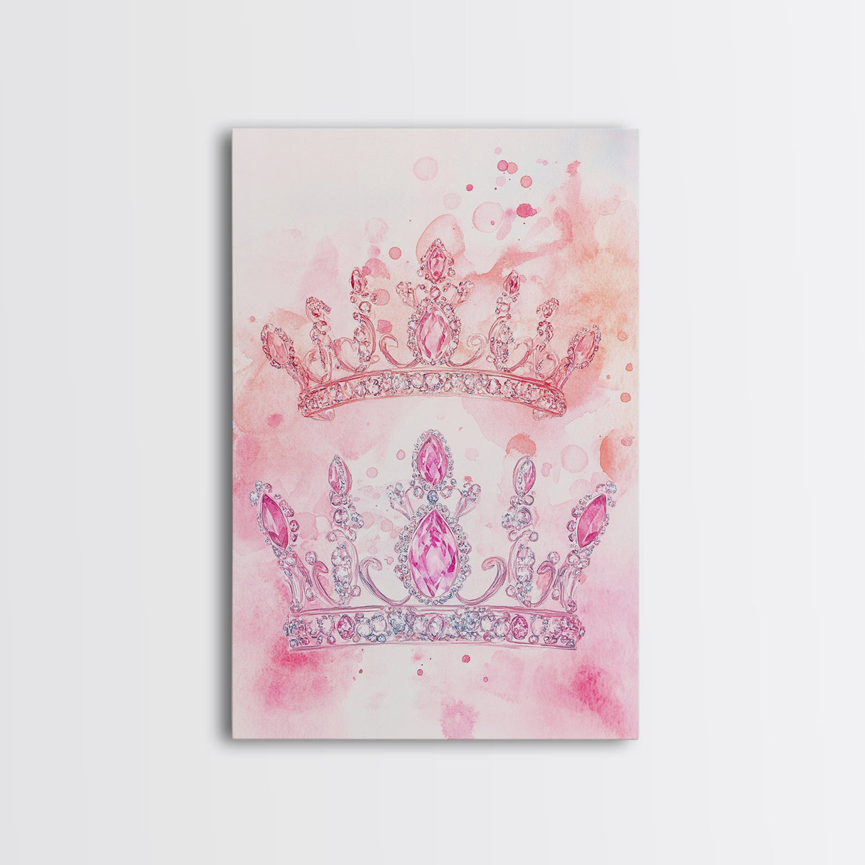 Twin jeweled crown painting featuring framed canvas print, whimsical art, light pink wall art, goddess art print, gift idea decor