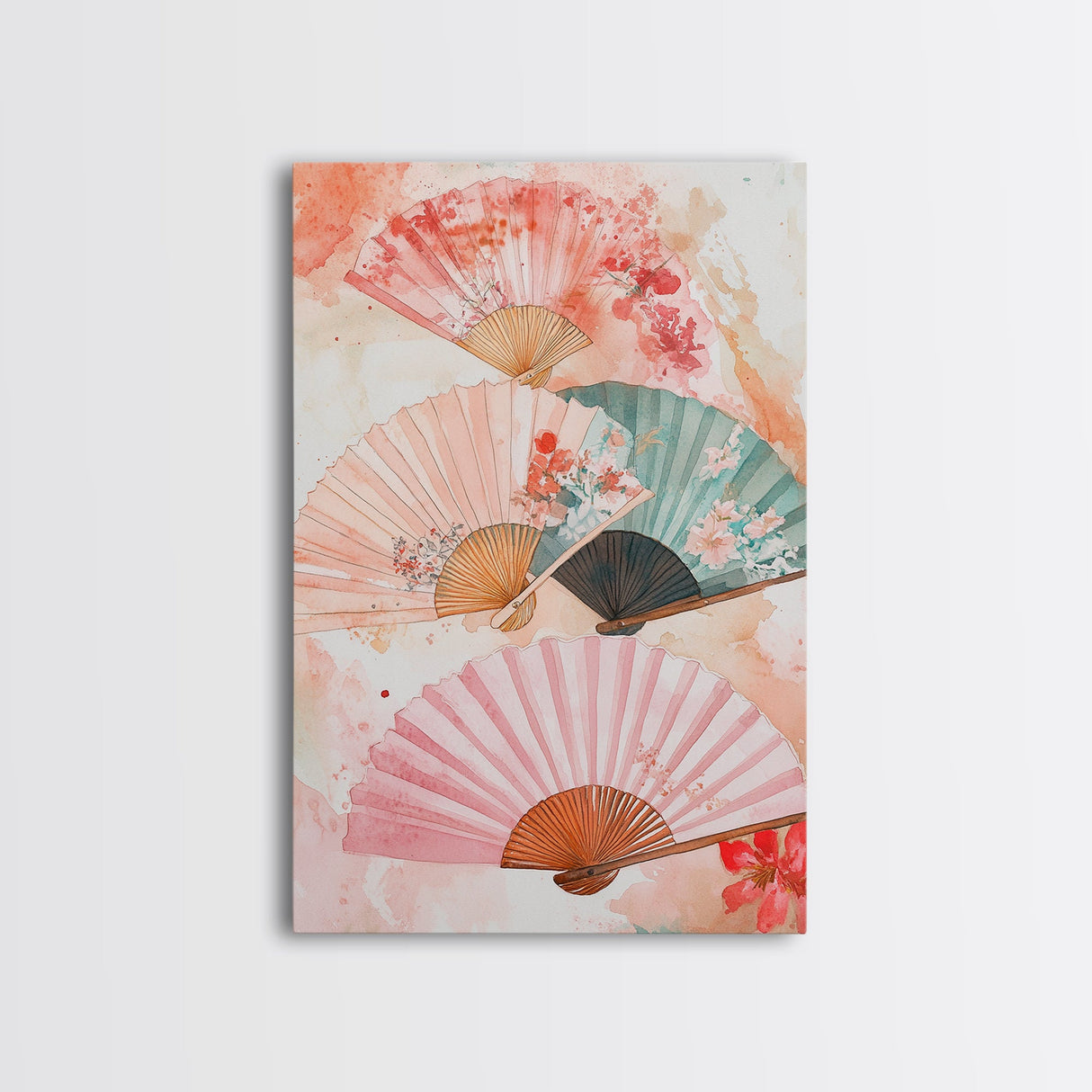 Japanese Fan Art Canvas Print Cherry Blossom Painting Chinoiserie Wall Art Boho Decor Vertical Wall Art Gift Idea Original