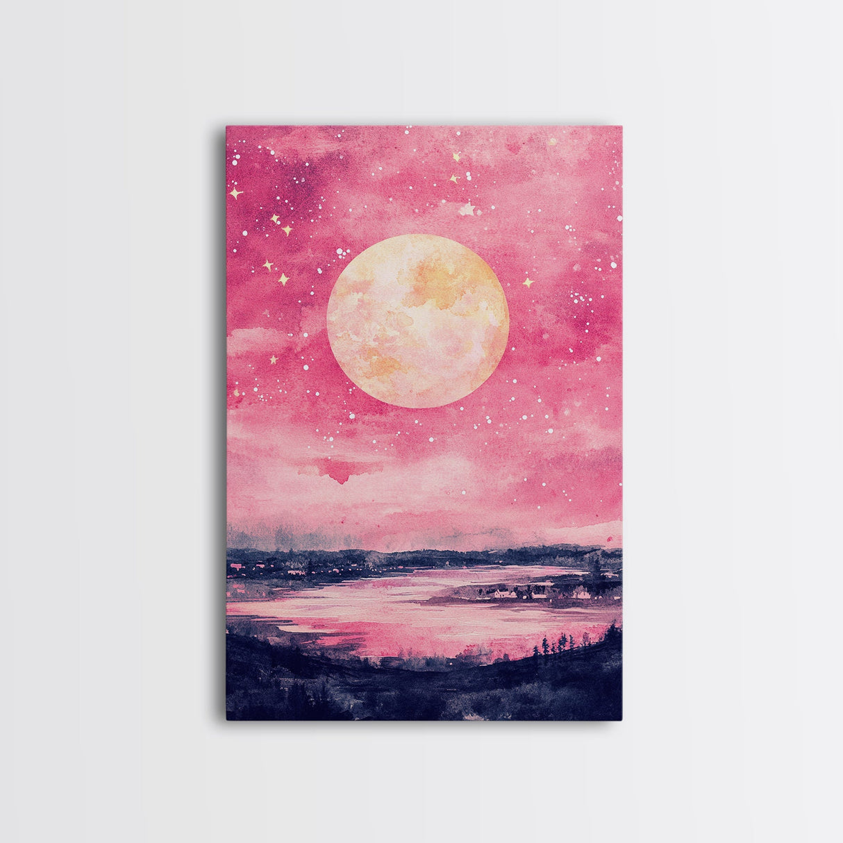 Moonlit Sky over Lake Framed Canvas Print, Pink Night Landscape Painting Coastal Wall Art, Minimalist Bedroom or Guest Room Decor