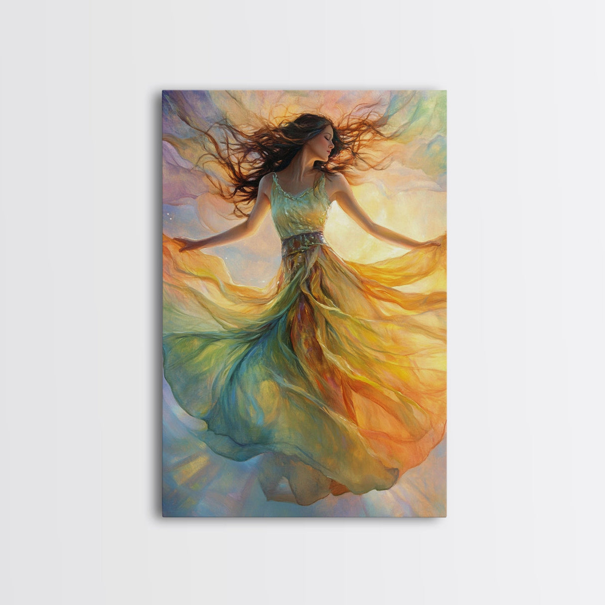 Enchanting Dancing Light Woman Canvas Print, Whimsical Art Adding Elegant Vibes to Living Room or Extra Wide Horizontal Wall Art