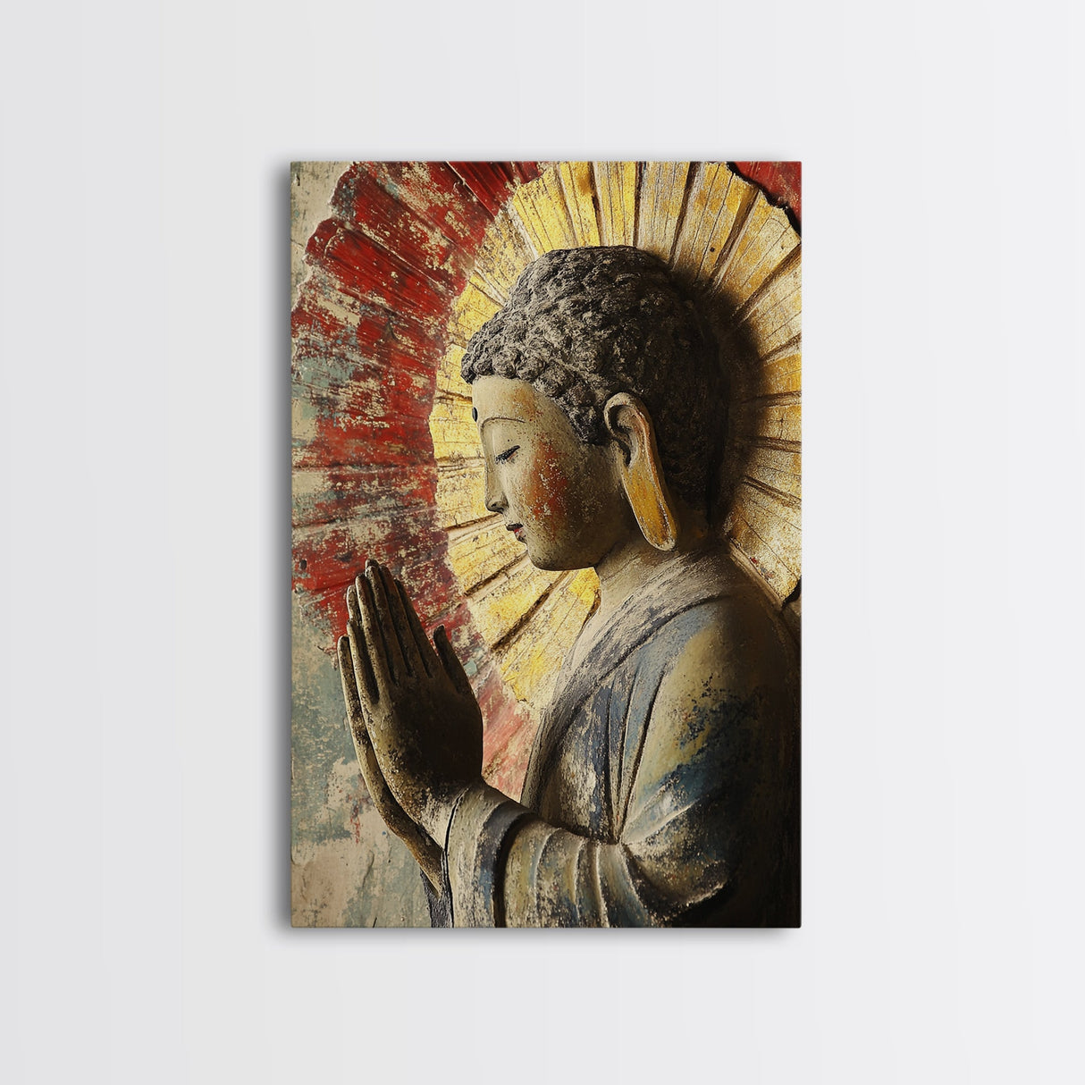 Buddha Prayer Sculpture Framed Canvas Print Zen Wall Art Rustic Decor Sacred Geometry Wall Art Therapy Art Living Room Art Buddha Art