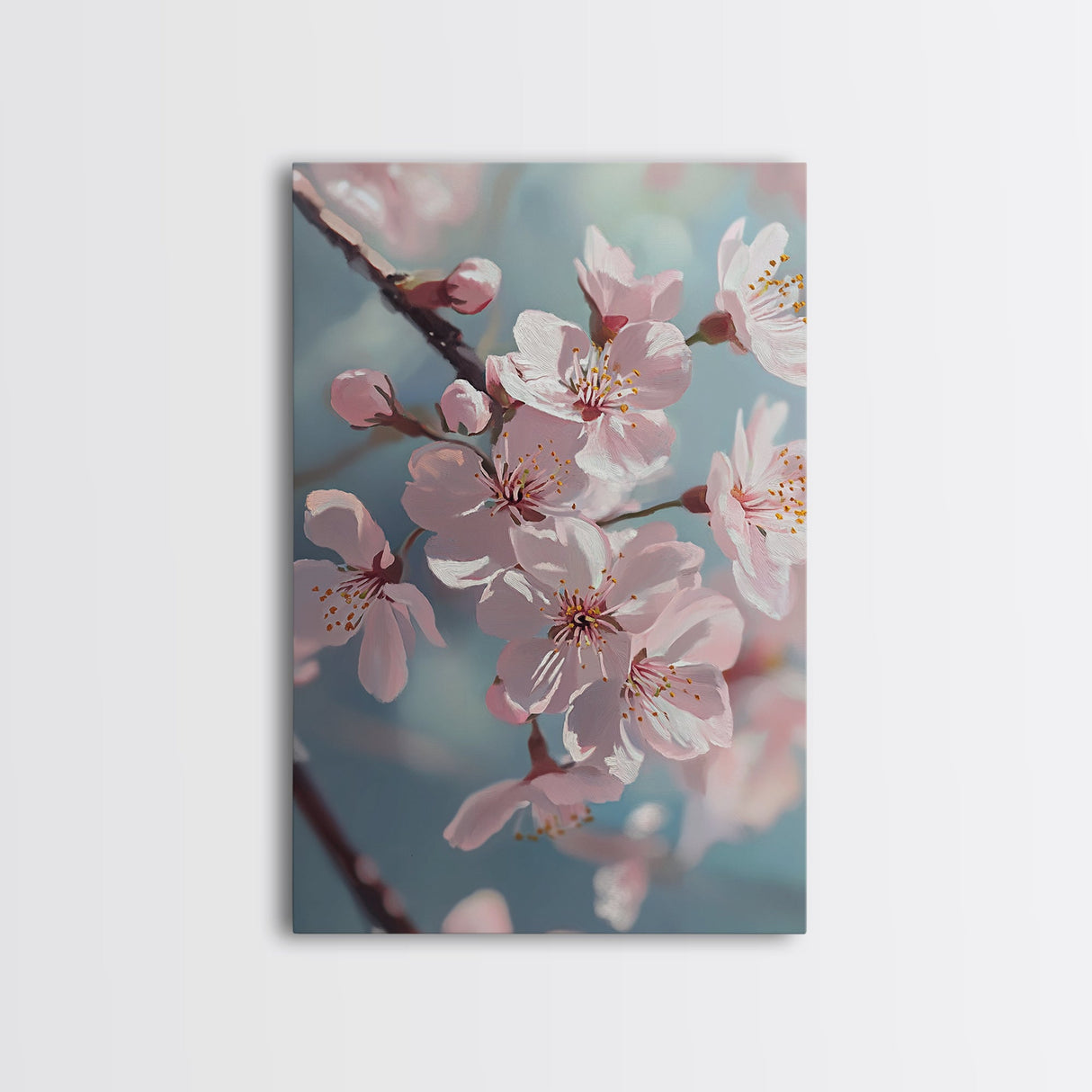 Japanese Sakura Canvas Print | Cherry Blossom Painting Art | Pastel Blue Floral Wall Art Gift Idea | Light Pink Bedroom Art