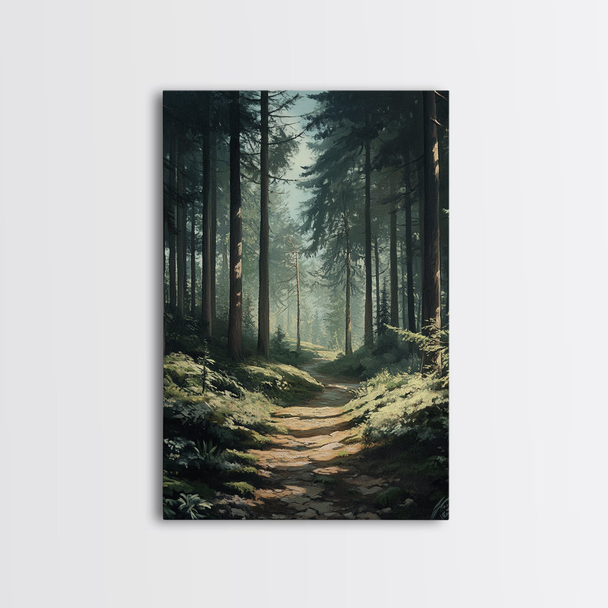 Forest Path Landscape Framed Canvas Print with Pine Tree Art, Rustic Decor and Serene Nature Above Sofa Artwork