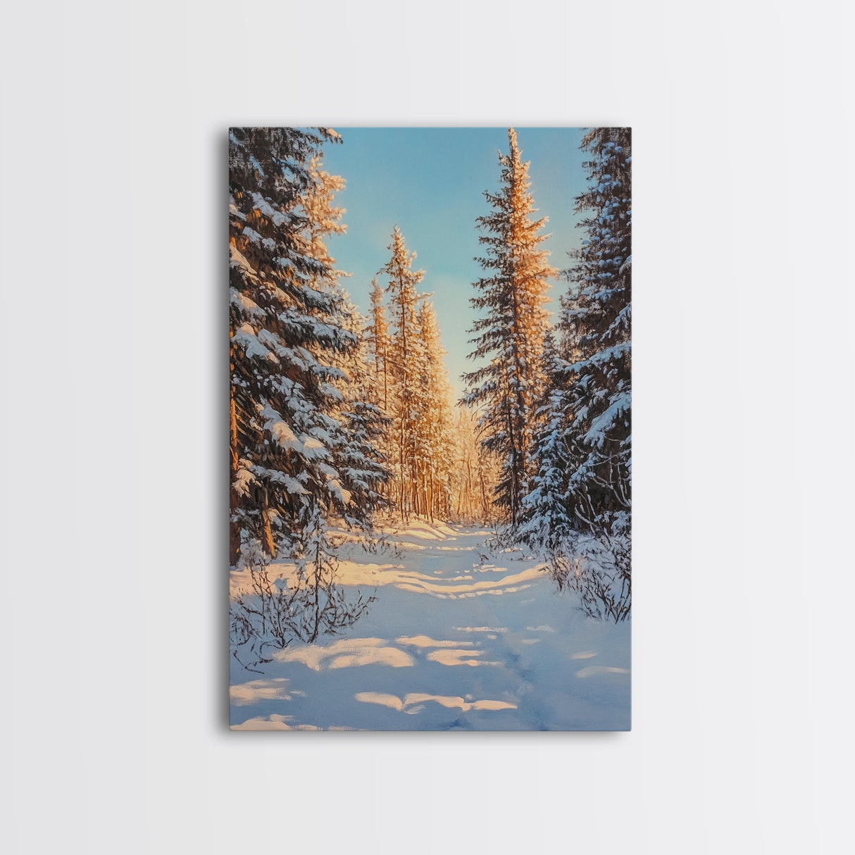 Winter Wonderland Framed Canvas Print, Snowy Forest Landscape Painting with Pine Tree Art, Cozy Rustic Wall Decor