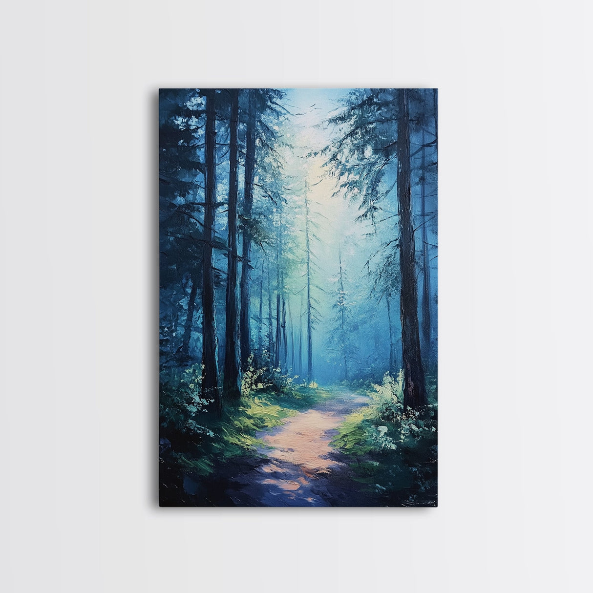 Enchanting Forest Canvas Print, Moody Blue Landscape Painting with Pine Tree Art, Above Sofa Rustic Wall Artwork