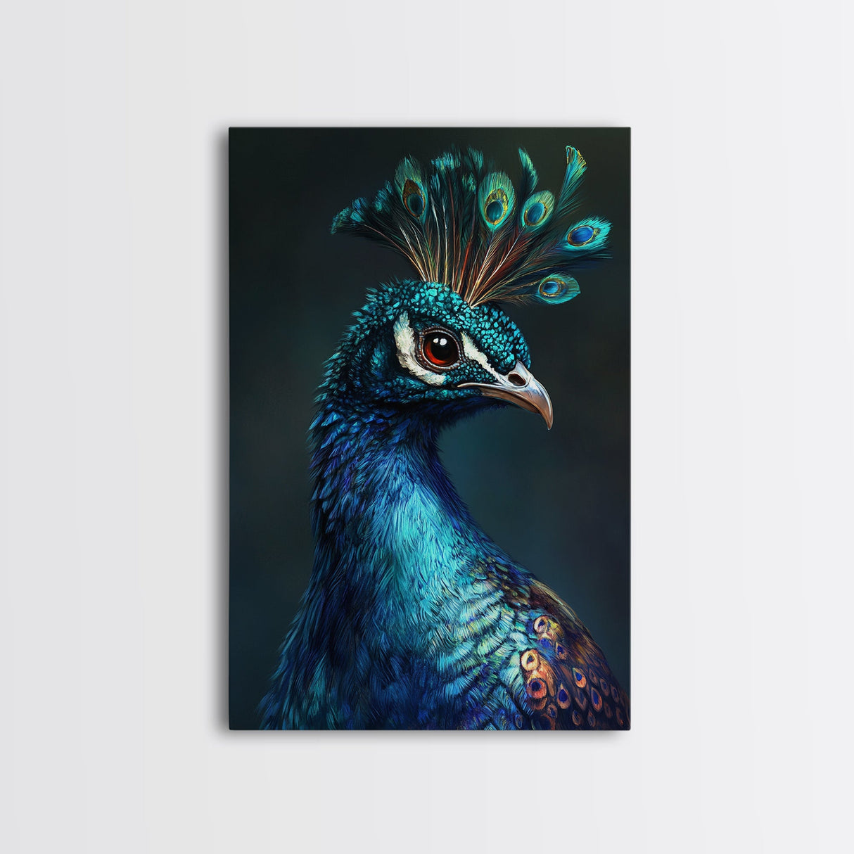 Vibrant Peacock Portrait Framed Canvas Print | Bold Peacock Wall Art | Tropical Bird Painting | Exotic Animal Art | Gift Idea