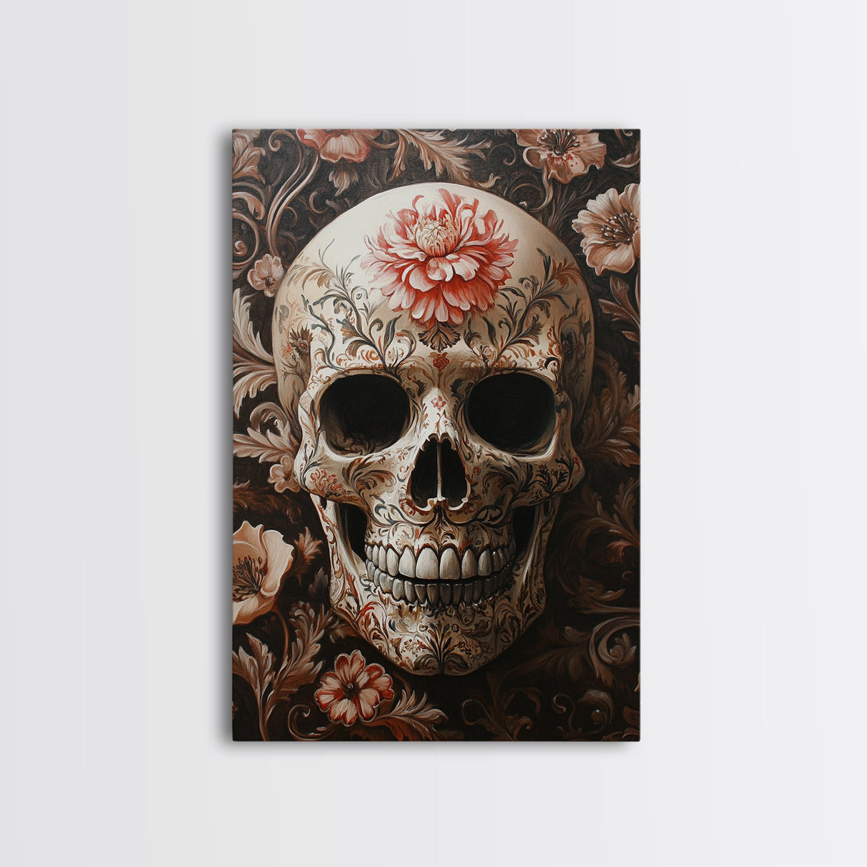 Skull Art Framed Canvas Print with Floral Botanical Prints in Gothic Chinoiserie Style, Perfect Halloween Rustic Wall Art Decoration