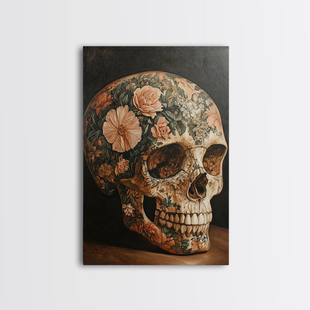 Skull Art Framed Canvas Print Featuring Floral Boho Design in Rustic Chinoiserie Style, Gothic Bedroom Art and Halloween Wall Decor