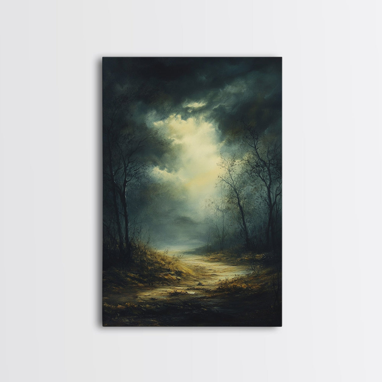 Forest at Dusk Framed Canvas Print with Moody Dark Romance Painting, Fall-Inspired Smoky Mountain Art Perfect Above Bed Wall Decor