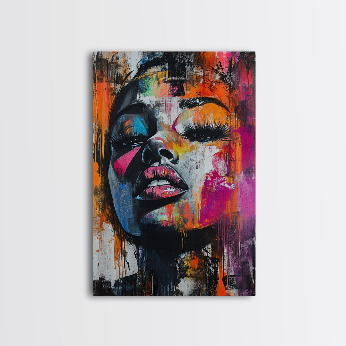 Vibrant Abstract Face Framed Canvas Print, Moody Woman Wall Art, Boho Living Room Decor, Gift Idea for Her, Unique Rustic Art