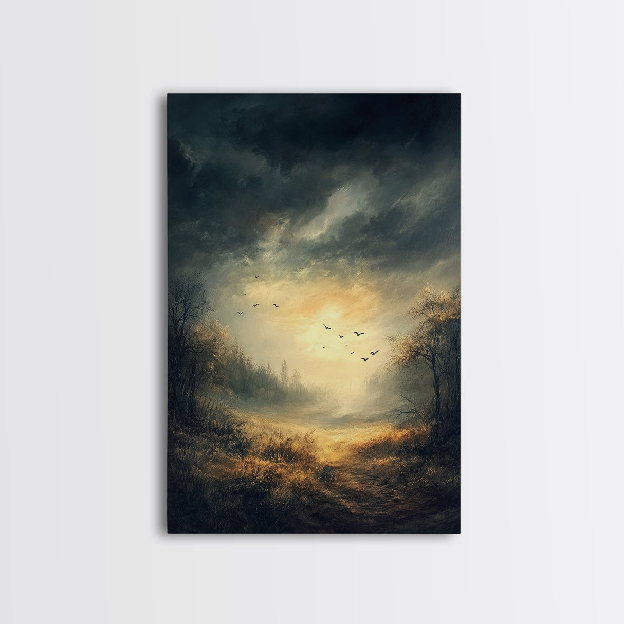 Landscape Painting Framed Canvas Print Featuring Sunset Over Autumn Forest with Dark Romantic Smoky Mountain Art and Rustic Decor