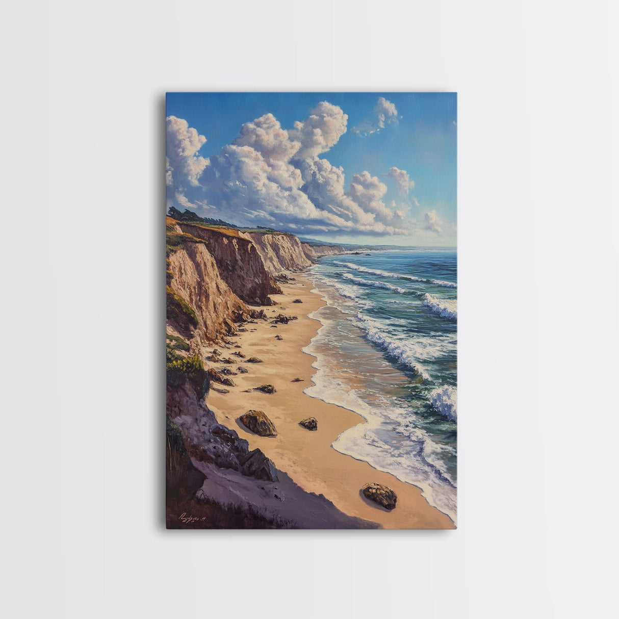 Sunny Beach Landscape Framed Canvas Print Coastal Seascape Painting Nautical Wall Art Gift Idea Bedroom Decor Rustic Nautical Painting
