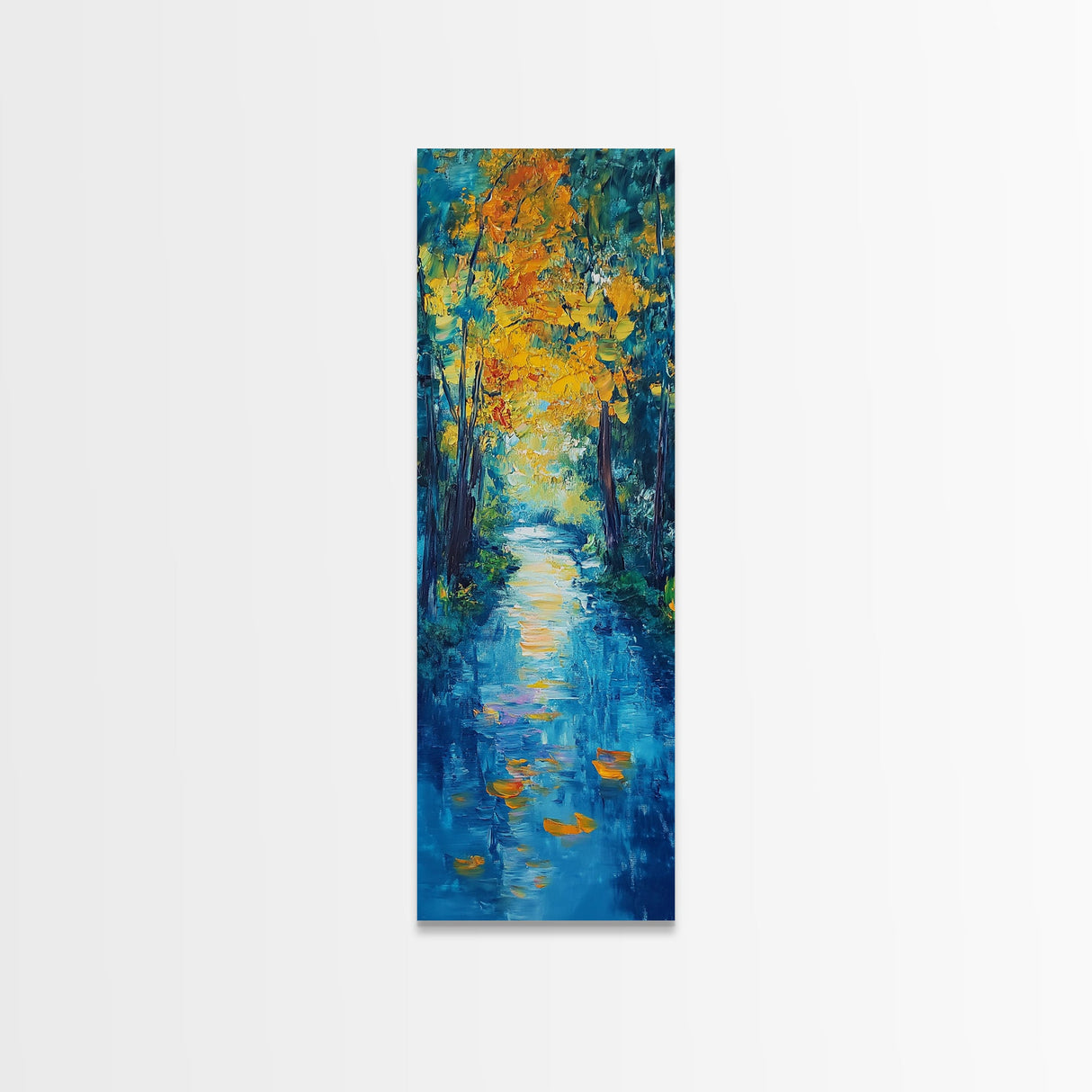 Autumn Reflection, fall painting, birch tree art, mountain painting, rustic wall art, panoramic art, Framed Canvas Print