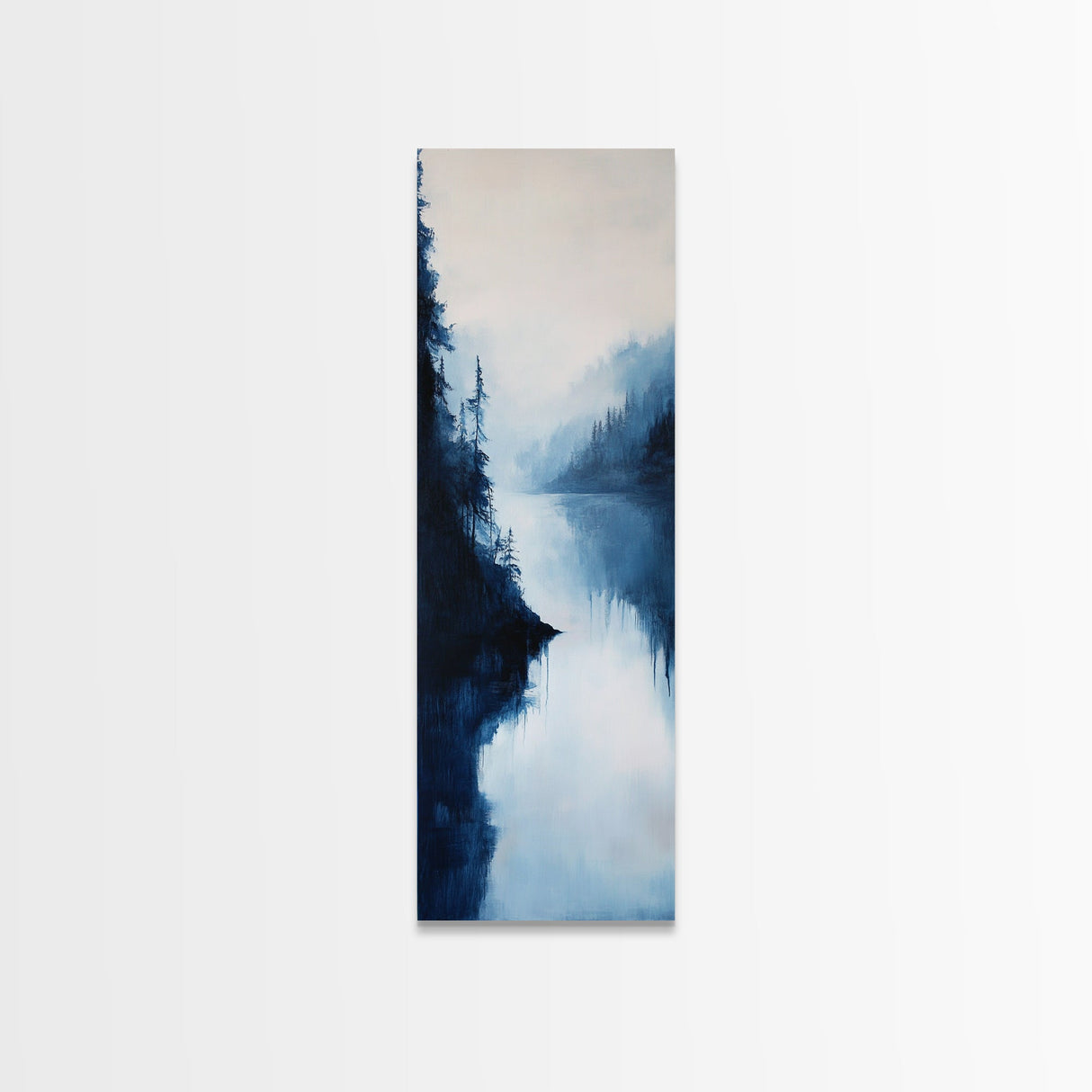 Misty Lake, pine tree art, moody art, mountain painting, wabi sabi art, blue and green wall art, Framed Canvas Print, rustic wall art