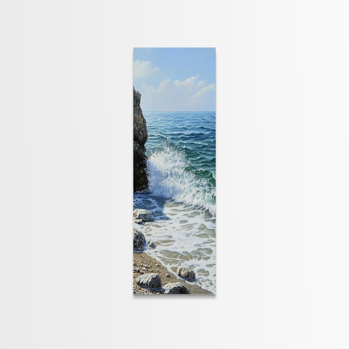 Ocean Waves, rocky beach seascape, coastal painting, nautical decor, landscape painting, extra wide art, Canvas Print