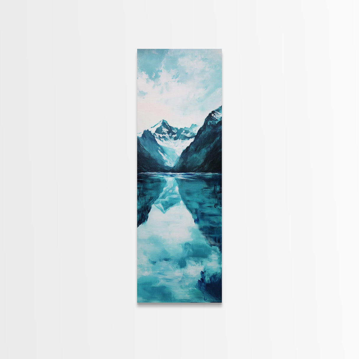 Glacier Lake, mountain painting, blue and green wall art, smoky mountain art, minimalist art, vertical wall art, Canvas Print
