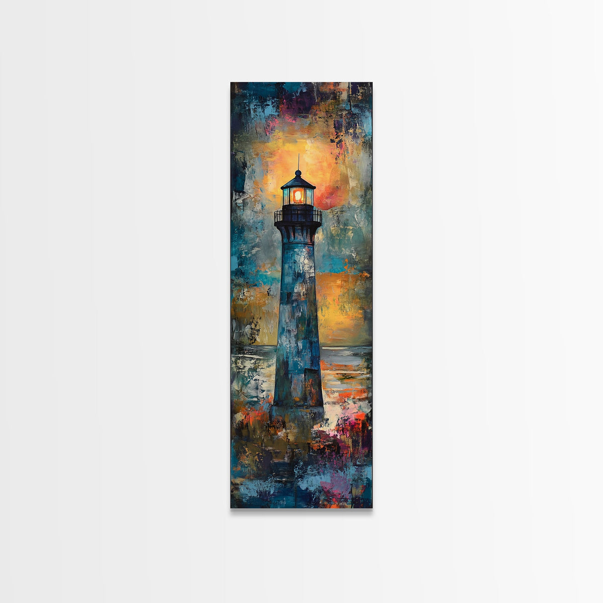 Lighthouse Glow, Moody Seascape, Nautical Painting, Coastal Decor, Sunset Wall Art, Framed Canvas Print, Bedroom Art