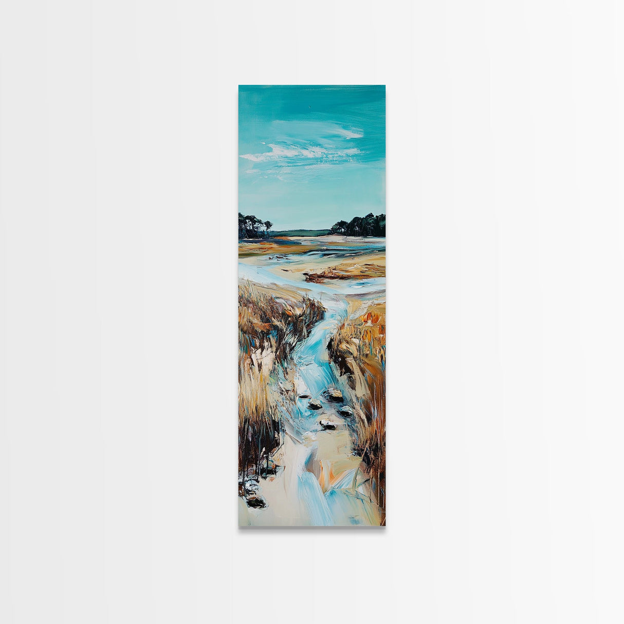 Marshland Stream, coastal landscape art, rustic wall art, farmhouse art, wabi sabi art, extra wide art, Canvas Print