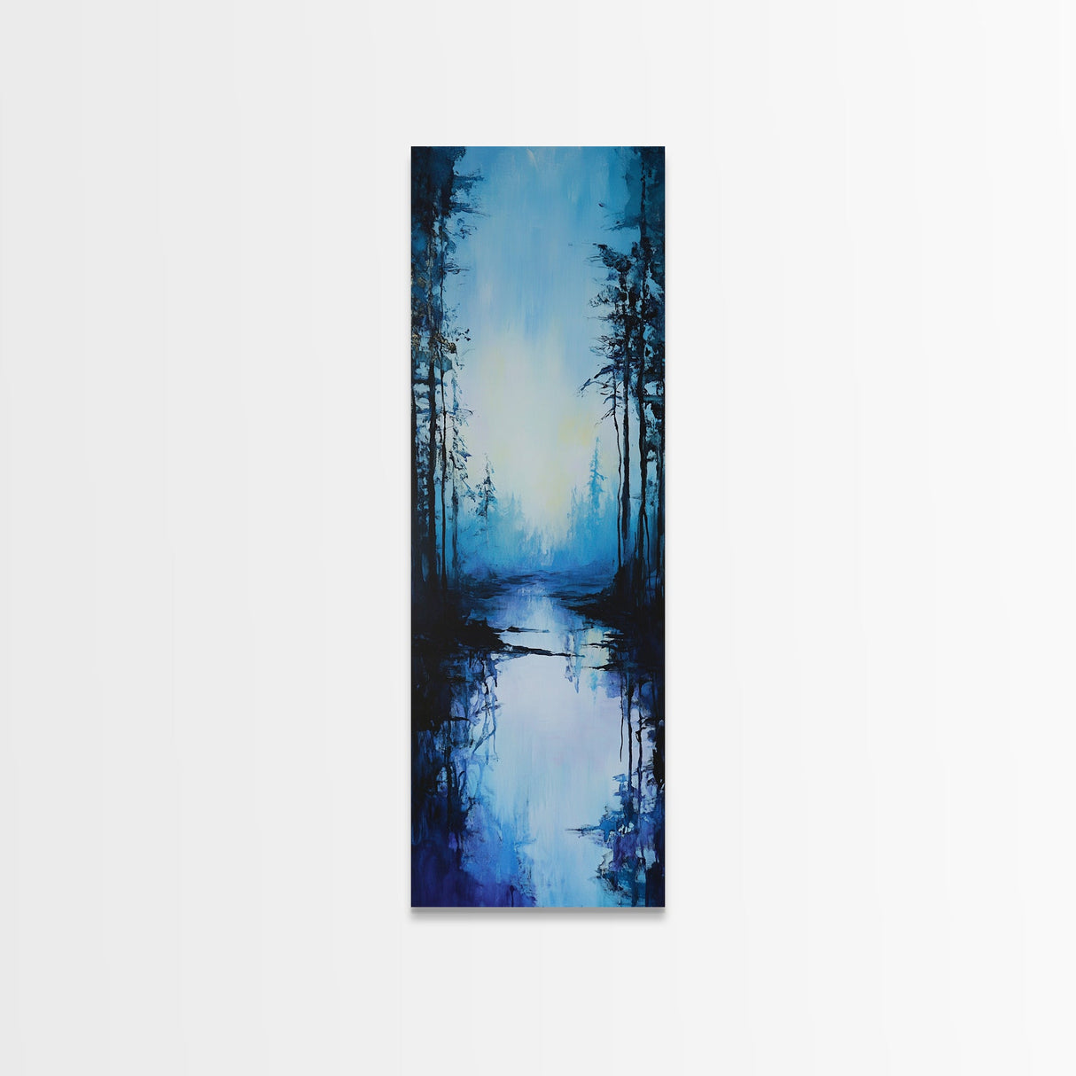 Misty Lake, Dark Forest, Moody Art, Landscape Painting, Minimalist Art, Blue and Green Wall Art, Framed Canvas Print, Vertical Wall Art