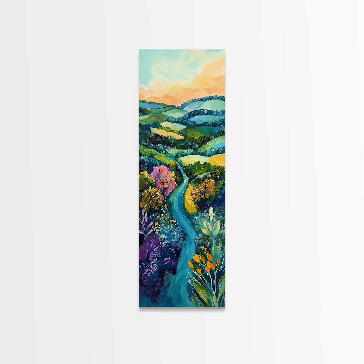 Rolling Hills, Ireland painting, wildflower painting, green wall art, farmhouse decor, Framed Canvas Print, landscape painting