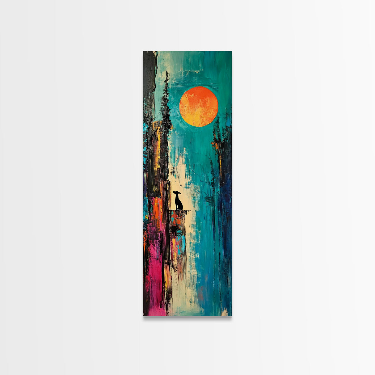 Lone Howl, southwest wall art, desert painting, moon oil painting, silhouette painting, rustic art, teal wall art, Canvas Print