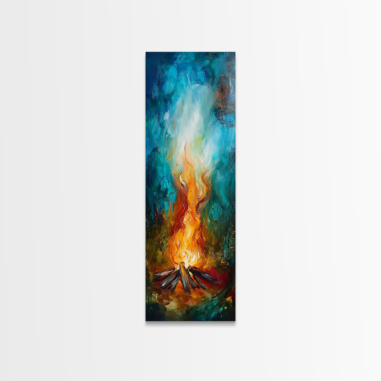 Cozy Campfire, rustic decor, autumn painting, moody art, forest at dusk painting, wabi sabi art, framed canvas print, vertical wall art