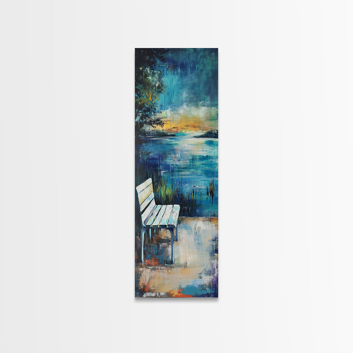 Lakeside Bench, moody art, landscape painting, coastal wall art, rustic decor, farmhouse art, framed canvas print, vertical wall art