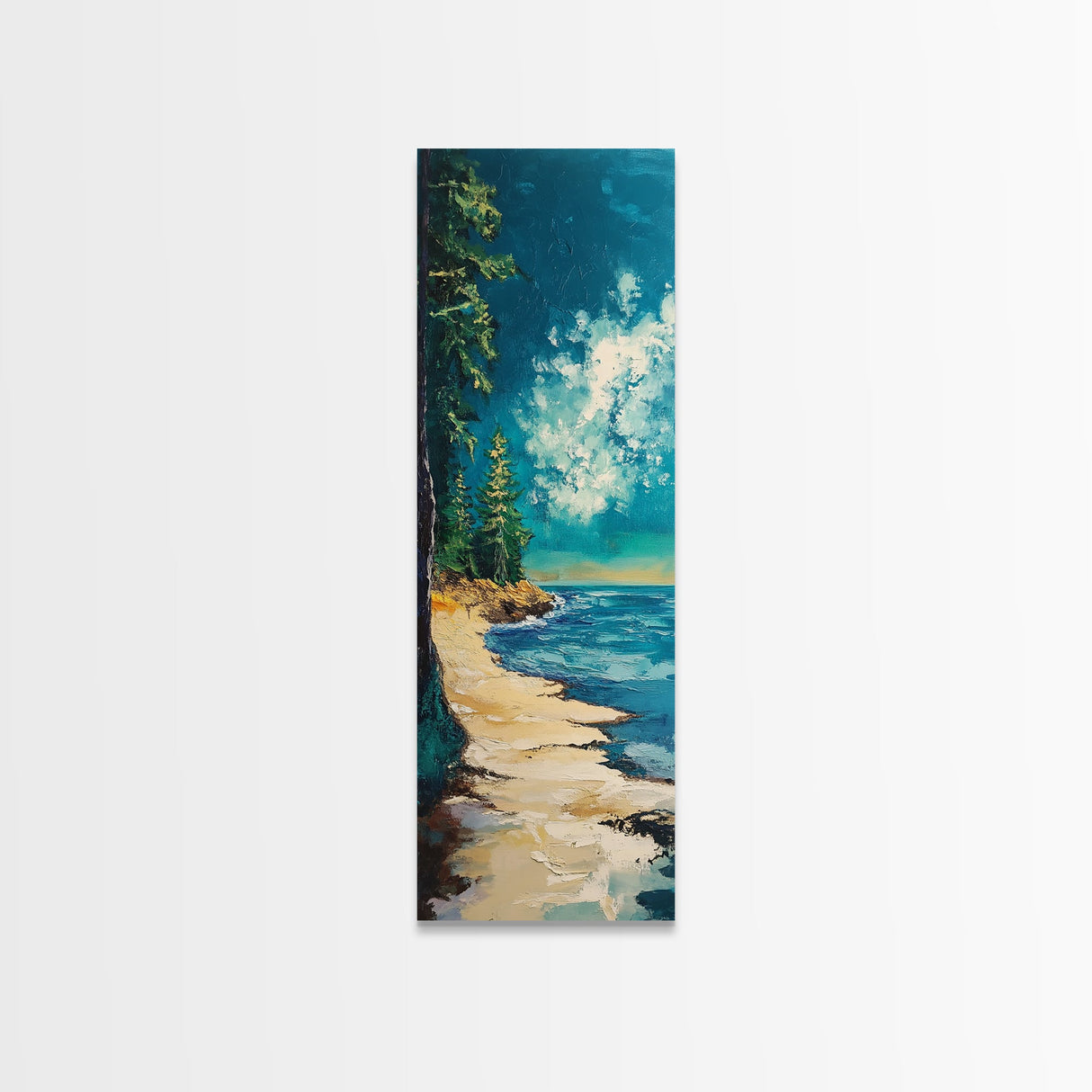 Pine Trees by the Lake, lake Tahoe art, coastal landscape art, pine tree art, nature lover gift, framed canvas print, vertical wall art