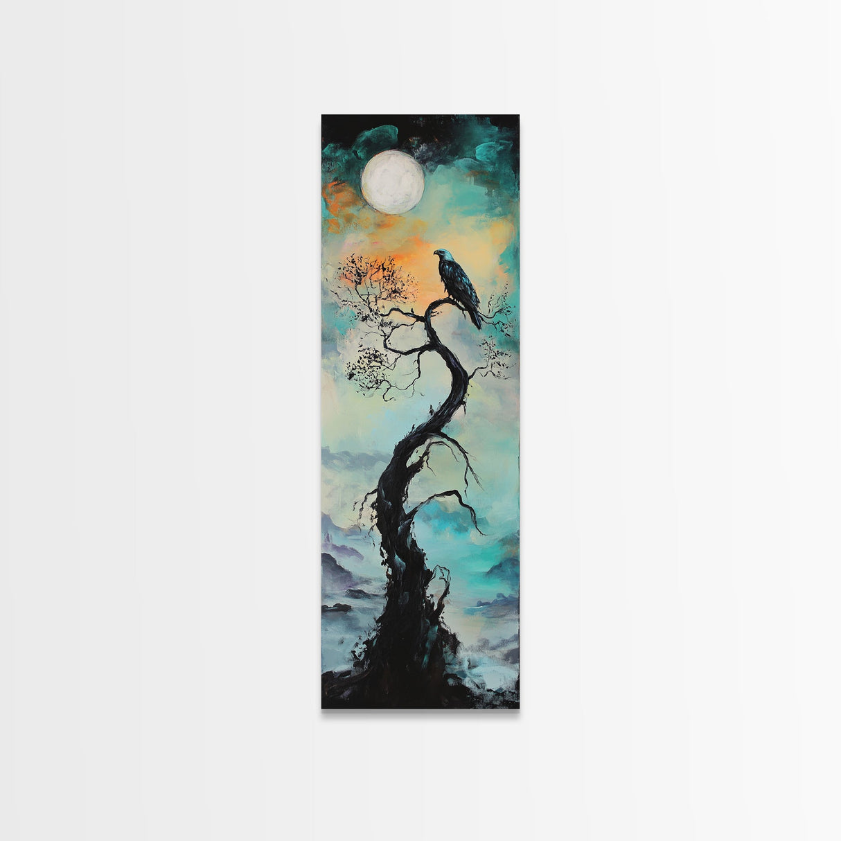 Raven Moon, dark angels wall art, framed canvas print, moody art, witch painting, gothic art, above bed wall art, celestial painting